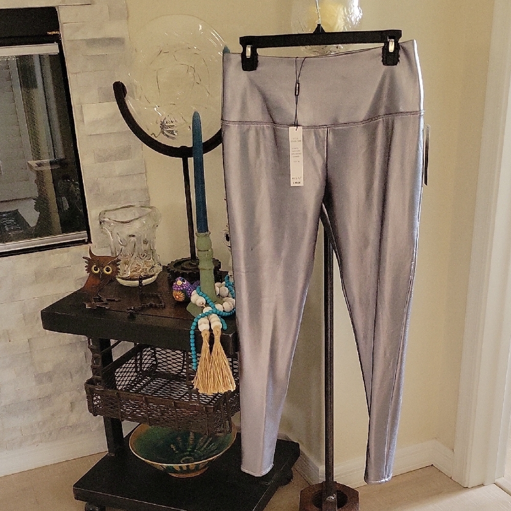 Women's Silver Faux Leather Look, Stretchy Pants